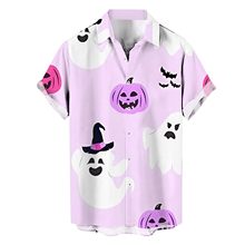 欧美亚马逊万圣节南瓜夏季印花衬衫大码四面弹男士翻领短袖衬衫