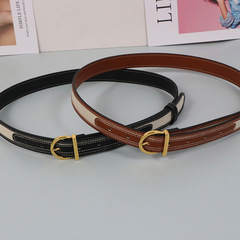 大洪洪時髦百搭皮拼接布設計感金色扣頭裝飾牛仔褲連衣裙皮帶腰帶