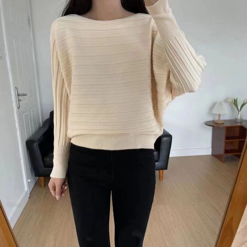 2025 Batwing Sleeve Holes Women's Long Sleeve Knitted Base Shirt Women's Top One-Neck