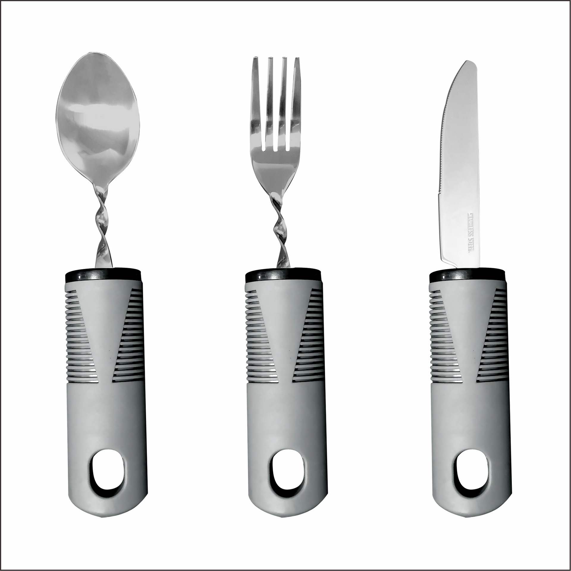 Mango transfronterizo de caucho y plástico de acero inoxidable antivibración, plegable adaptable y doblado para ancianos, vajilla de rehabilitación de alimentos, juego de cuchillos, tenedores y cucharas