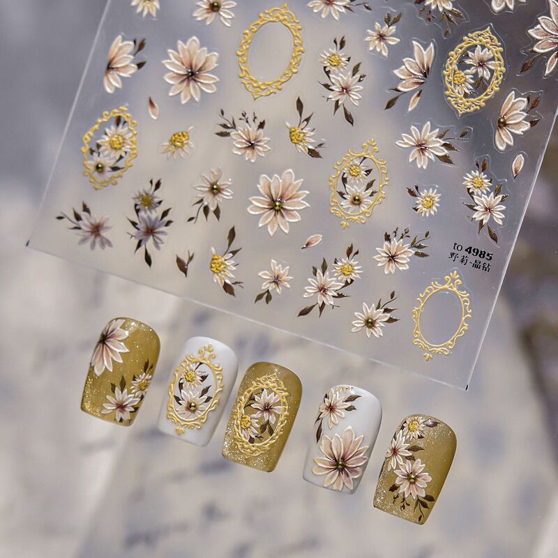 Tomoni Manicure Embossed Gold Beads Autum Retro Oil Painting Maillard Photo Frame Wild Daisy Flower Nail Stickers