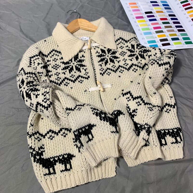 Autumn and Winter New Korean Style Retro Elk Jacquard Lapel Horn Button Knitted Cardigan Women's Loose and Versatile Sweater
