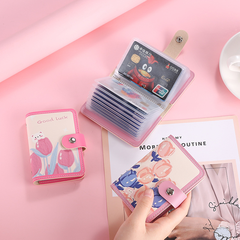 Cute and Fresh Oil Painting Rose Card Holder with Anti-Magnetic Design, Multiple Card Slots, Large Capacity, ID Card Case, Organizer, and Zero Wallet