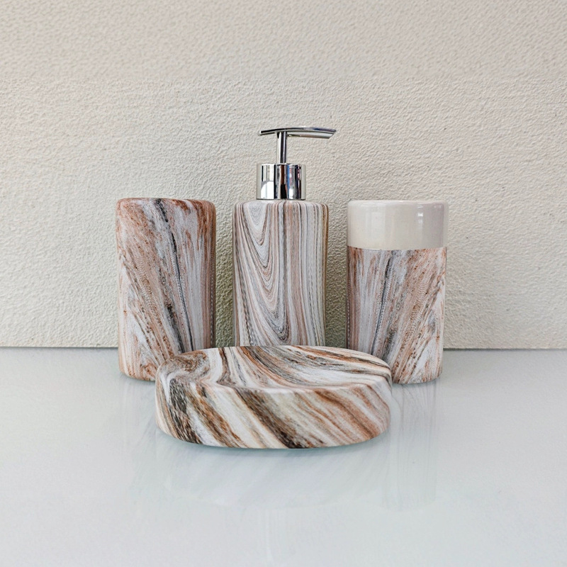 Water transfer white earth bathroom four-piece marble perfume bottle lotion bottle gargle cup soap dish toothbrush cup