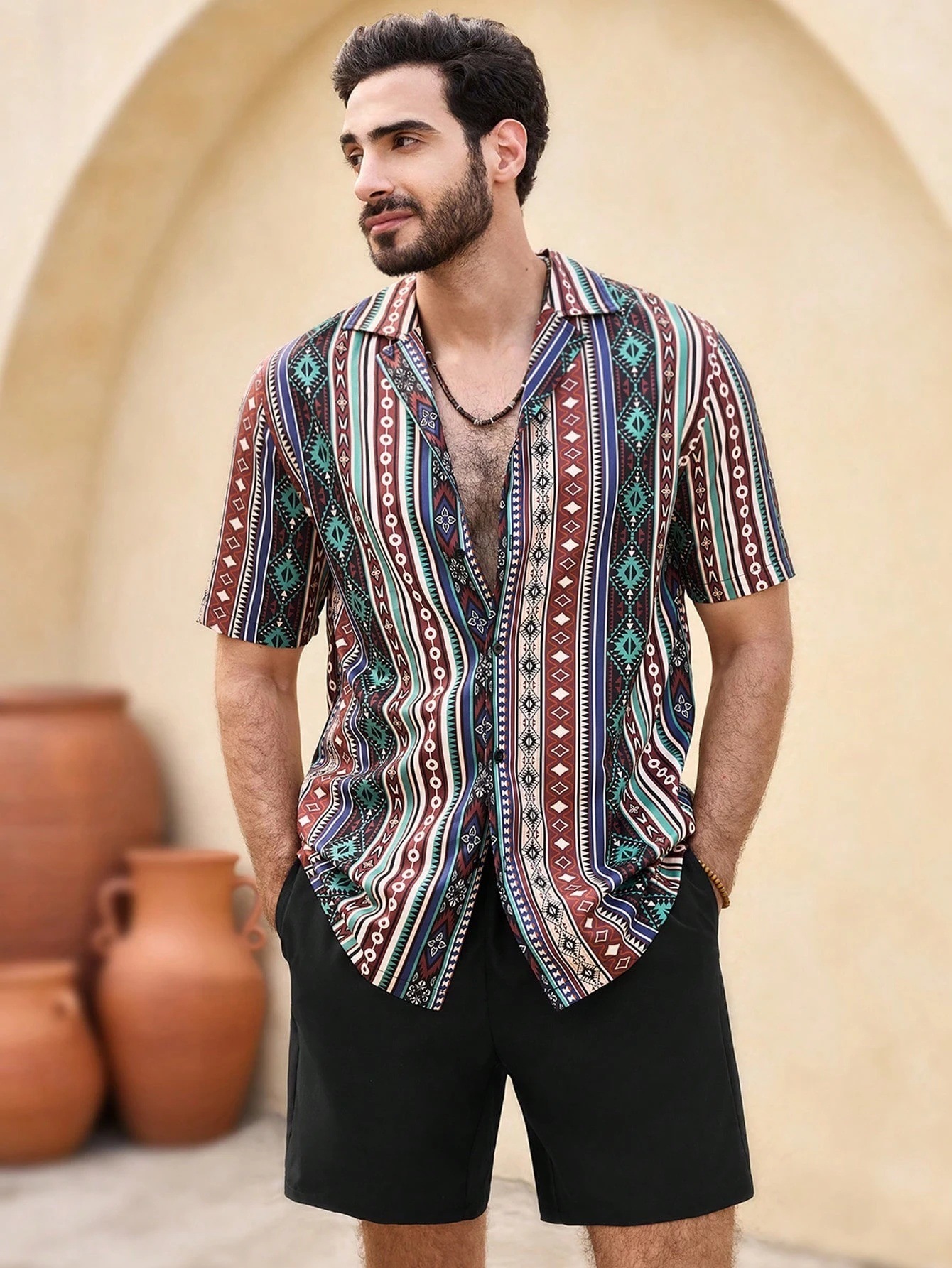 Comercio exterior transfronterizo retro camisa de botón de verano set de pantalones cortos 3D impresión casual vacaciones cardigan hombre set de dos piezas