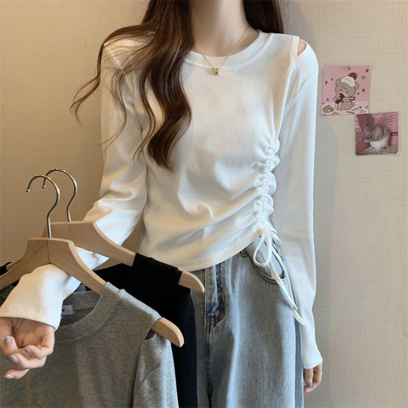 Spring and Summer Long-sleeved T-shirt Women's Slimming Base Shirt Drawstring Inner Base Shirt Slim-fit Slimming Irregular Short Top