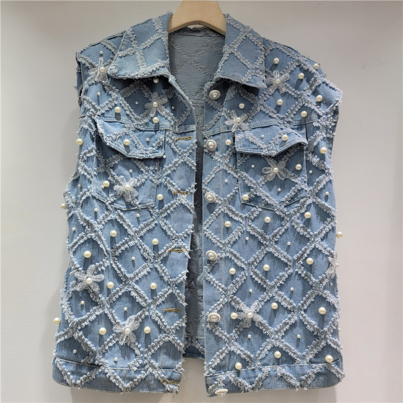 Jacquard Denim Vest Women's Short 2025 Spring and Summer New Loose Slimming European-style Diamond-studded Beaded Vest