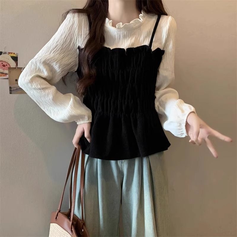 辣妹法式灯芯绒拼接假两件衬衫女漂亮时尚小衫皱褶显瘦娃娃衫上衣|undefined