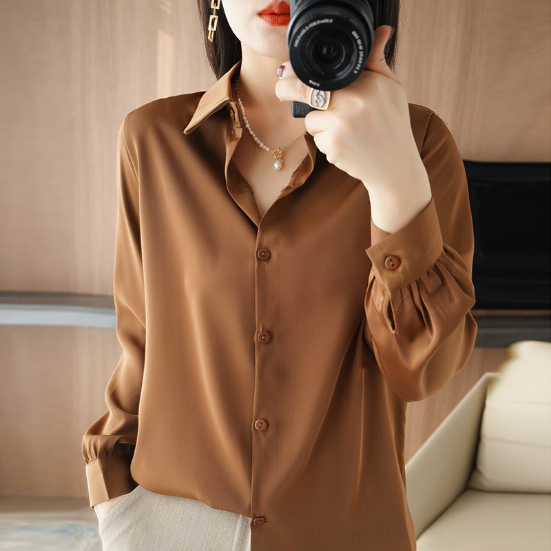 Cross-Border Ice Silk 2025 Autumn and Winter Women's Polo Collar Shirt Pure Color Simple Versatile Elegant Top Short Cardigan Women's Clothing Cross-Border Ice Silk 2025 Autumn and Winter Women's Polo Collar Shirt Pure Color Simple Versatile Elegant Top Short Cardigan Women's Clothing