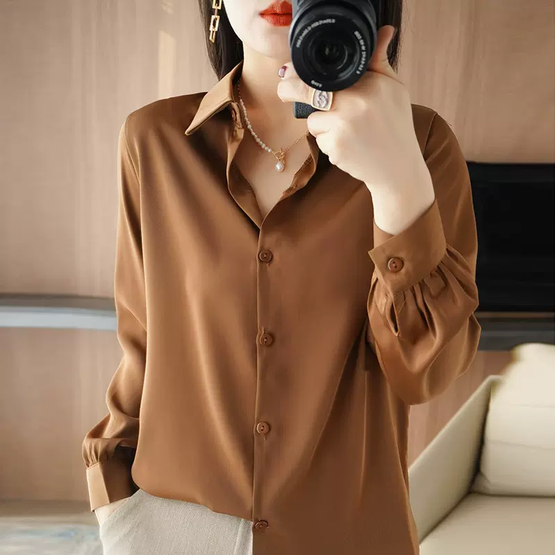 跨境冰丝2025秋冬女POLO领衬衫纯色简约百搭气质上衣短款开衫女装