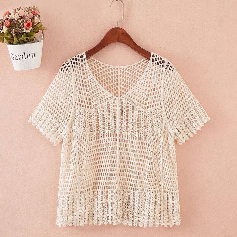 Cotton Lace Net Shirt Top Fashionable Western Style Short-Sleeved Knitted Sweater Sweater Summer Slimming Outer Wear Blouse Mesh Small Shirt