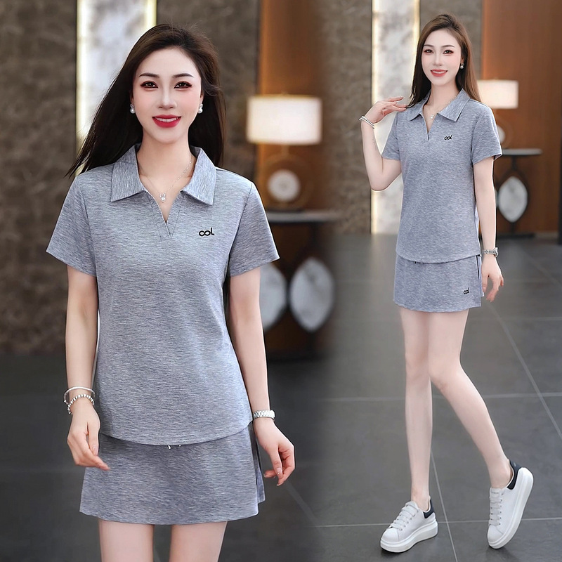 7789 Short-Sleeved Lapel Sweatshirt Skirt Pants Casual Sports Suit for Women Summer 2026 New Slimming Look Lapel Two-Piece Set