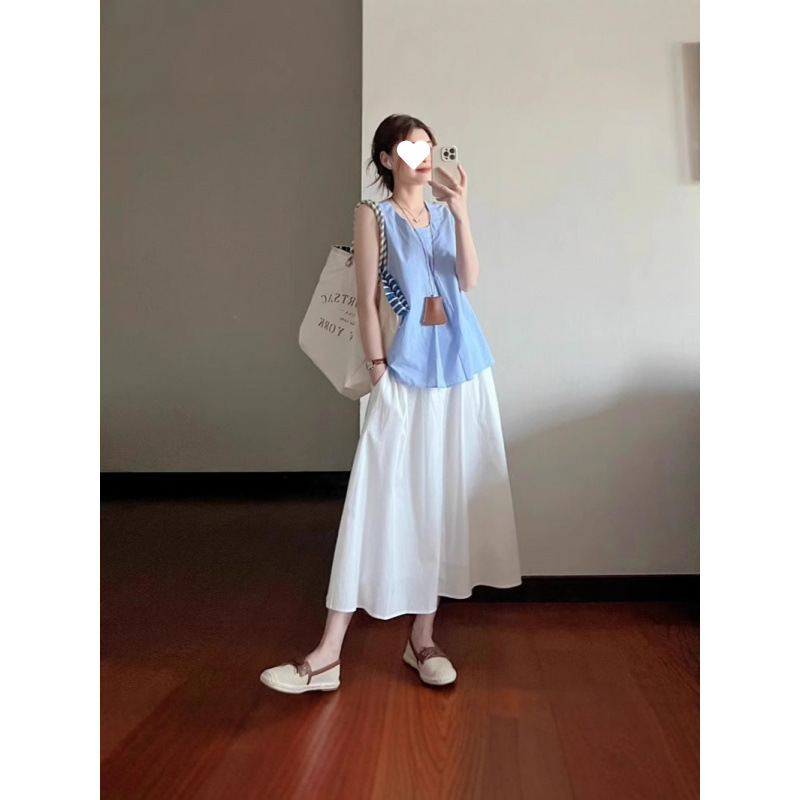 韩系温柔风休闲套装女夏季甜美蓝色无袖背心上衣高腰半身裙两件套|undefined