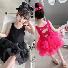 女童裙子露背交叉背帶網紗蓬蓬裙連衣裙2024夏裝新款外貿童裝代發
