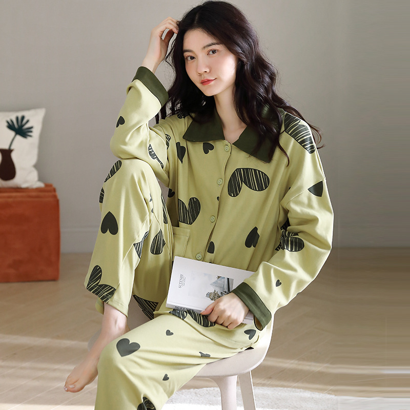 AI FENTENG PAJAMAS 여성용 긴팔 바지 가디건 순면 봄과 가을 면화 캐주얼 홈 의류 세트 가을과 겨울