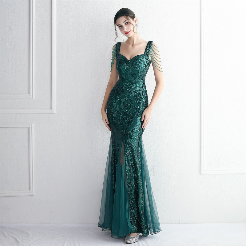 19618 # Sequined Mesh Craft Beaded Evening Dress Long Banquet Slim Evening Dress Elegant Long Style 19618 # Sequined Mesh Craft Beaded Evening Dress Long Banquet Slim Evening Dress Elegant Long Style