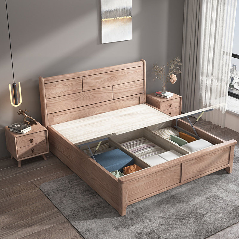 Cama minimalista moderna de madera maciza de estilo nórdico dormitorio cama doble cama de almacenamiento de madera de cera blanca con cajón cama de boda