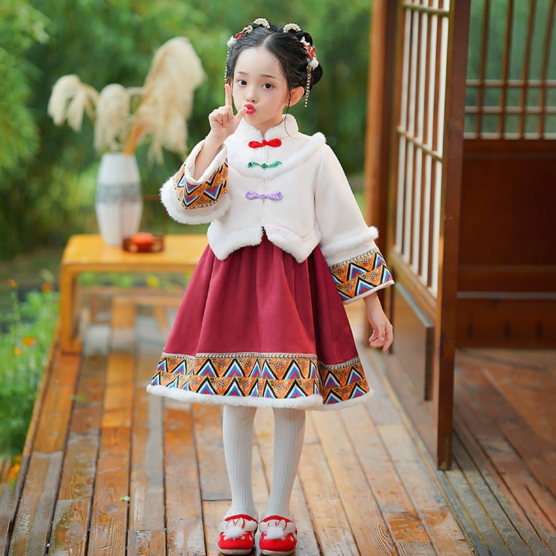 Warm Hanfu, children's down jacket, set, Chinese style, 3 piece set