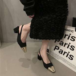 Tweed Style Thick Heel High Heels French Small Sandals for Women 2025 Spring and Summer New Elegant Square Toe Shoes with Skirts