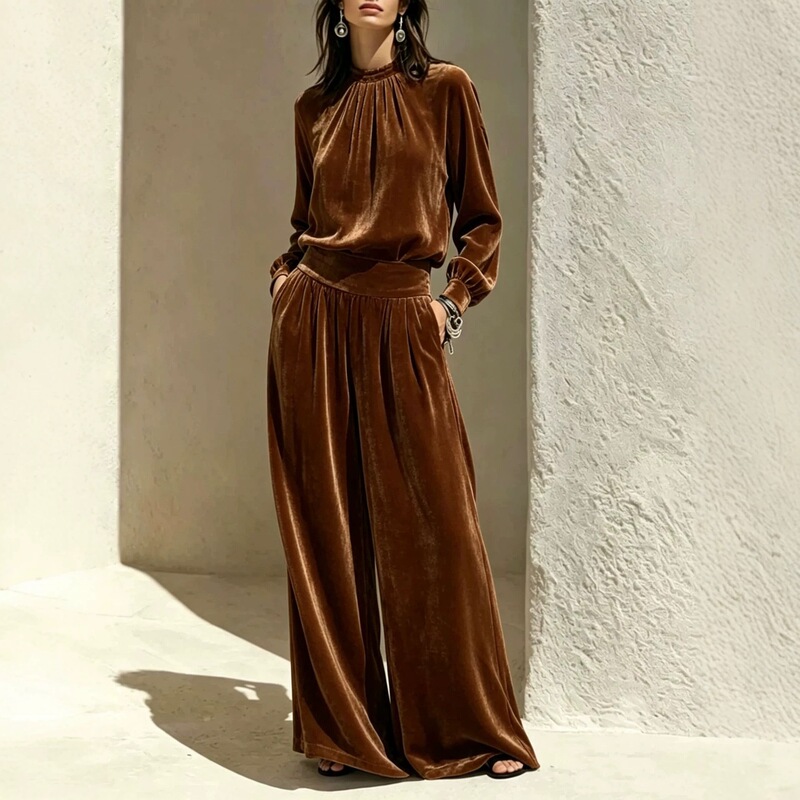 2026 New Cross-Border Gold Velvet Casual Suit for Autumn and Winter, Stylish Slimming Top and Wide-Leg Pants Two-Piece Set, Long Style