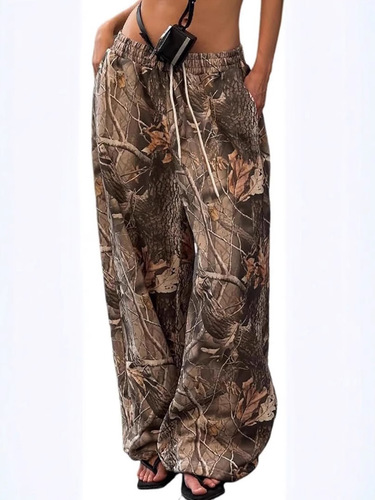 Cross-border European and American 2025 New Summer Fashion Casual Design Stretch Waistband Camouflage Printed Slimming Wide-leg Pants