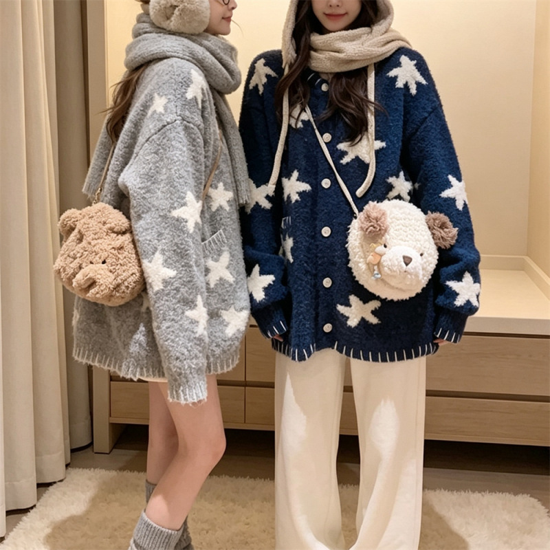 Retro Star Jacquard Autumn-Winter Knit Cardigan for Women, Loose and Casual, Color-Contrast, Hand-Woven, Versatile Sweater Coat for Women
