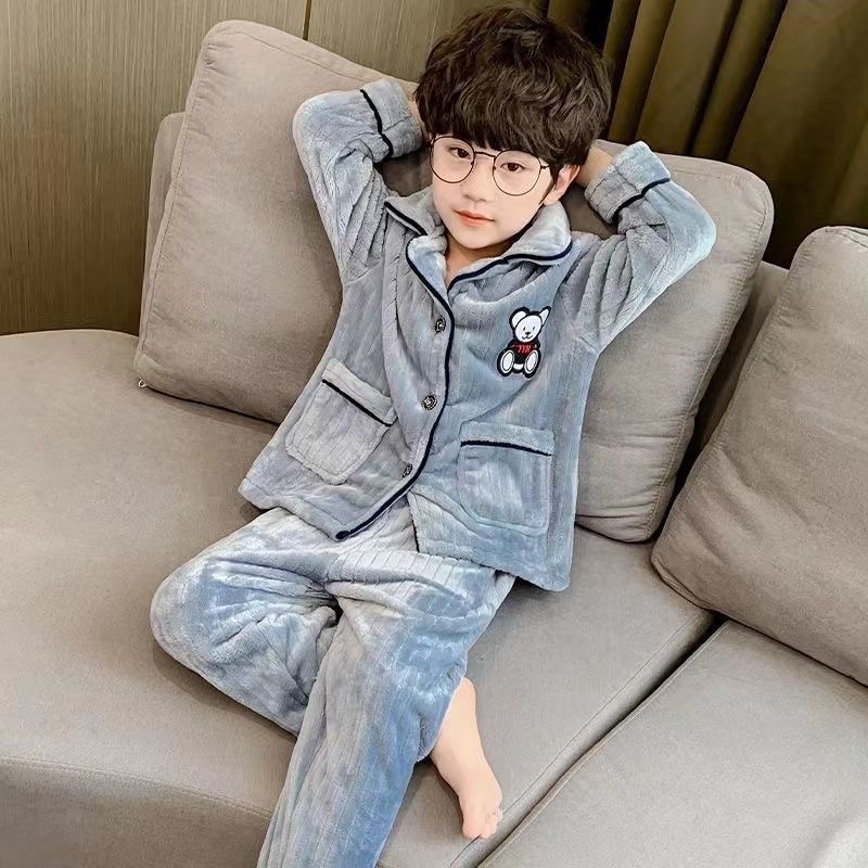 남학생의 겨울 어린이 잠옷 2023 가을 겨울 소년 가정 옷 학생 기모 산호 양털 대형 어린이 플란넬