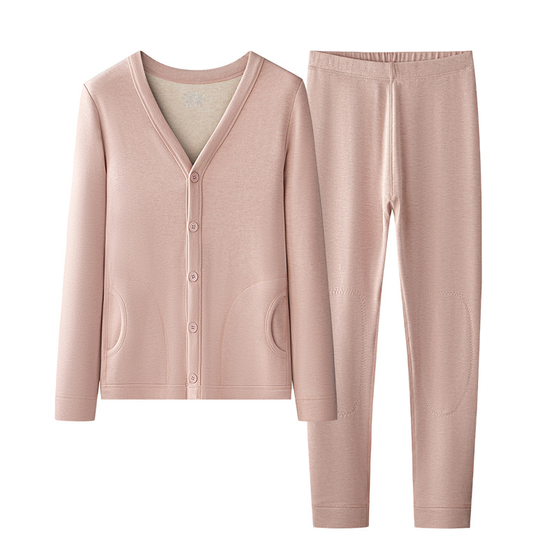 [Parche de lana de camello] Nuevo otoño e invierno para mujer más cárdigan de manga larga engrosado de terciopelo Conjunto de ropa interior térmica de mediana edad y ancianos