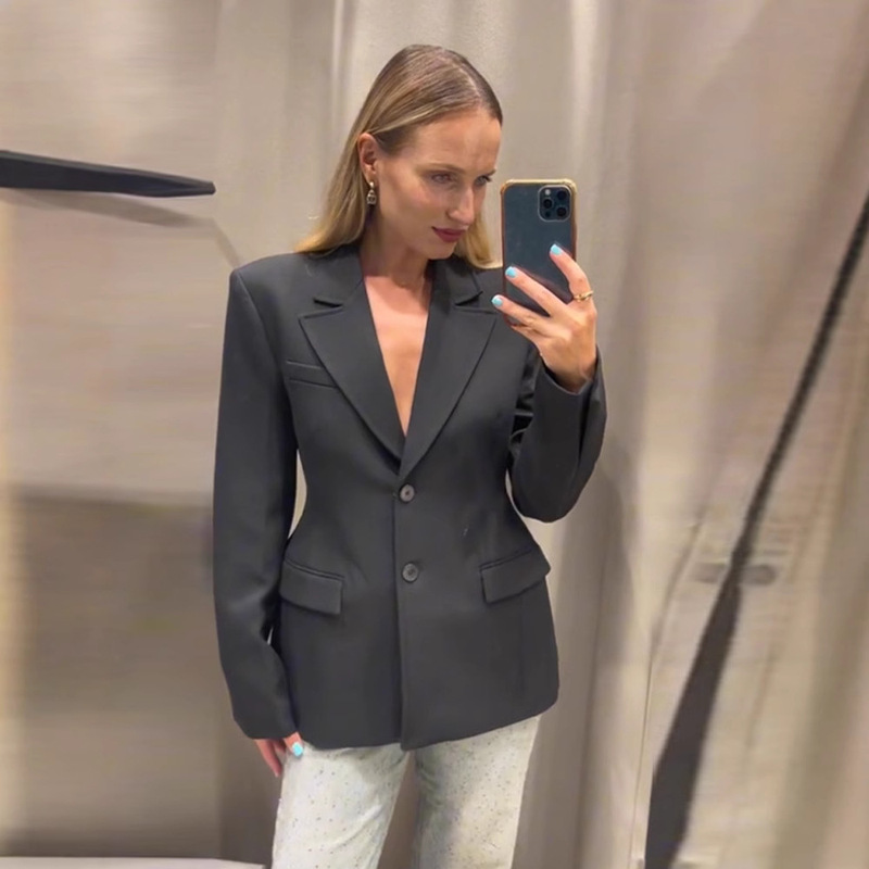 European and American Cross-border 2025 Spring Women's plus size Suit Elegant Elegant Shoulder Pad Slim Black Button Suit Jacket