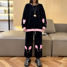 高街美式撞色卡通印花潮牌卫衣女士套装宽松休闲潮流慵懒风两件套