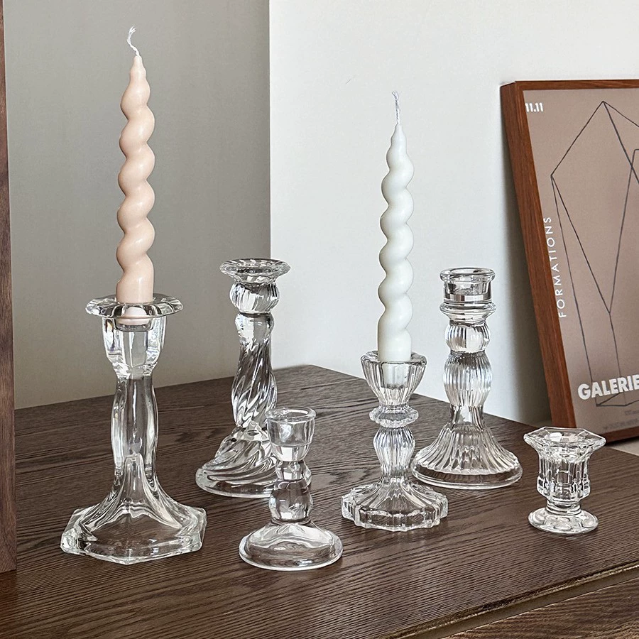 Стеклянная candlestick французский рельеф средний, прозрачное стекло декор столика 18 см