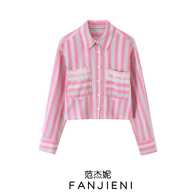 Zr Foreign Trade Wholesale European and American Style Women's Fashion Versatile Lace Detail Striped Short Shirt Top 2755654 Zr Foreign Trade Wholesale European and American Style Women's Fashion Versatile Lace Detail Striped Short Shirt Top 2755654
