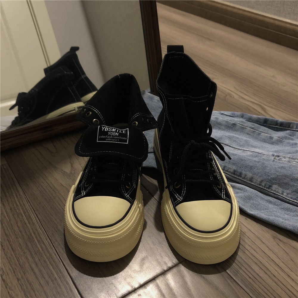 美拉德厚底帆布鞋女2025新款秋季松糕底复古百搭板鞋女高帮潮鞋子