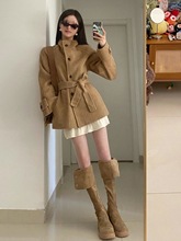早秋新款感超好看深秋初冬大衣收腰高领加厚中长款卡其色毛呢