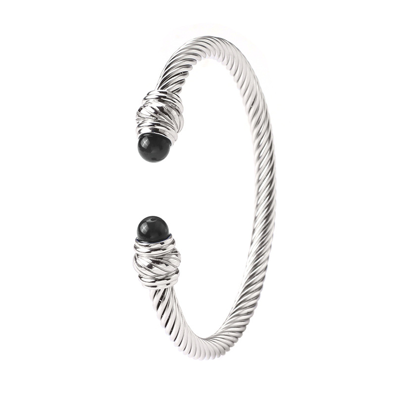 Fashion C Shape Stainless Steel Inlay Turquoise Beads Bangle 1 Piece