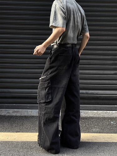 High Street Trendy Zipper Pouch Workwear Jeans for Men - Spring and Autumn New Arrival Loose Hip-Hop Floor-Length Wide Leg Pants