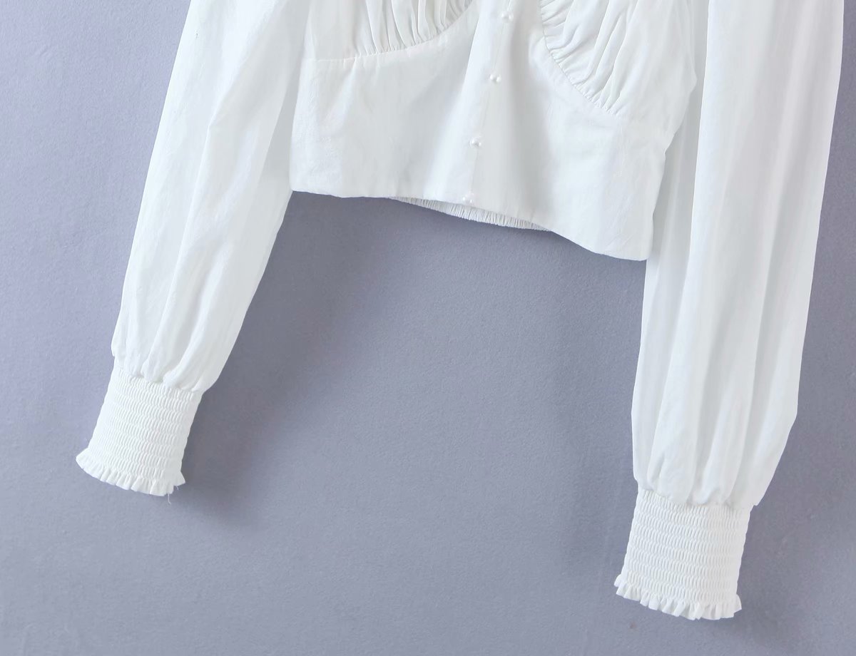 pearl buckle decoration white long-sleeved slim short shirt Nihaostyles wholesale clothing vendor NSAM75441