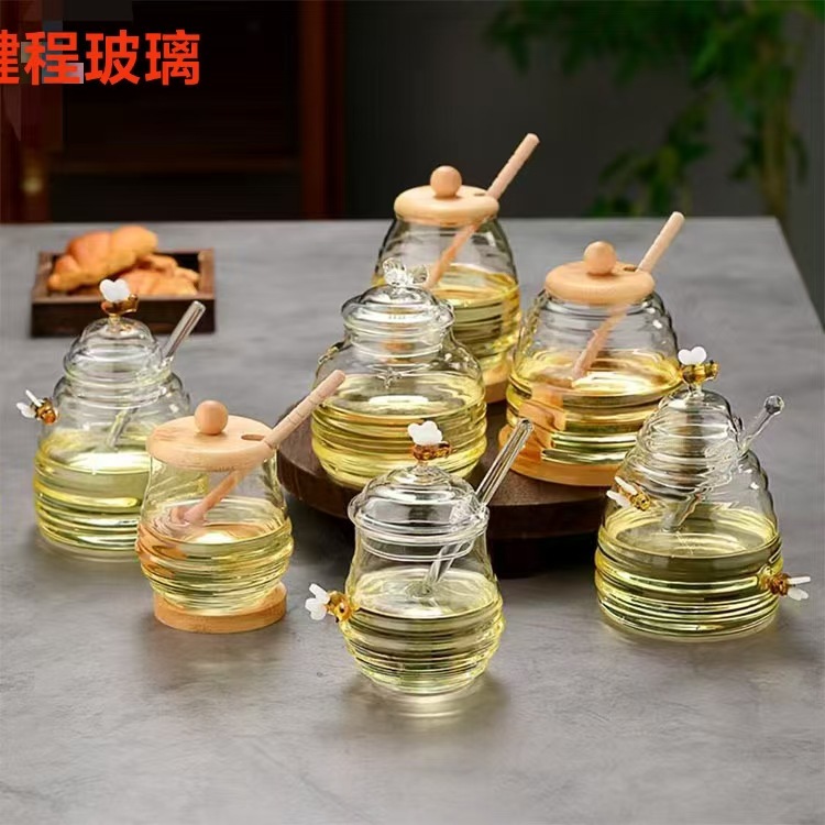 玻璃瓶蜜蜂灌日式带搅拌棒灌子带盖家用储物罐透明果酱杯蜂蜜瓶