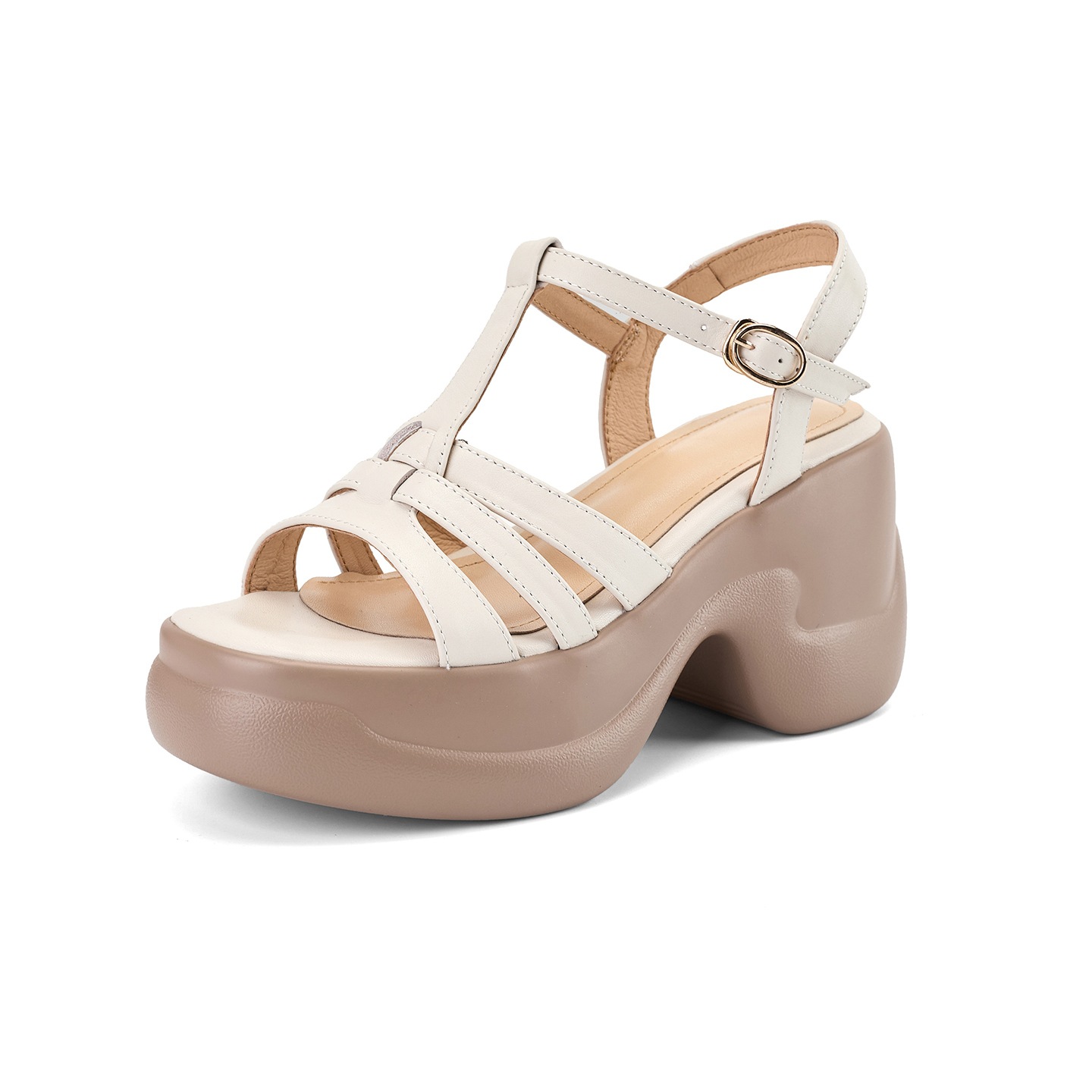 Sandal nữ hở mũi da bò thật gót xuồng đế dày quai chữ T — màu trắng ngà
