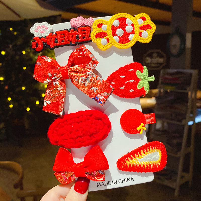 Flor de lazo de moda horquilla roja china dulce y elegante dama pequeña y fresca pinza lateral para niños accesorios para el cabello de todo fósforo