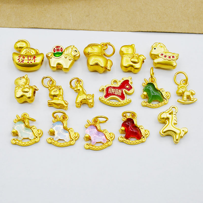 古法沙金卡通马吊坠本命年生肖马小木马福马马上有钱diy饰品配件