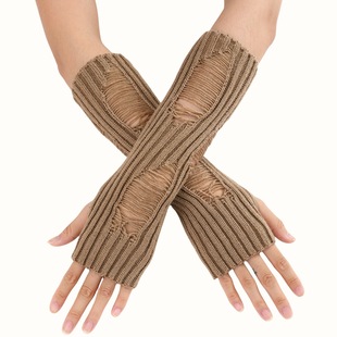 G825 Ripped Cut Out Woolen Gloves Autumn and Winter New Mid-Length Fingerless Women's Warm and Fashionable Knitted Arm Sleeves