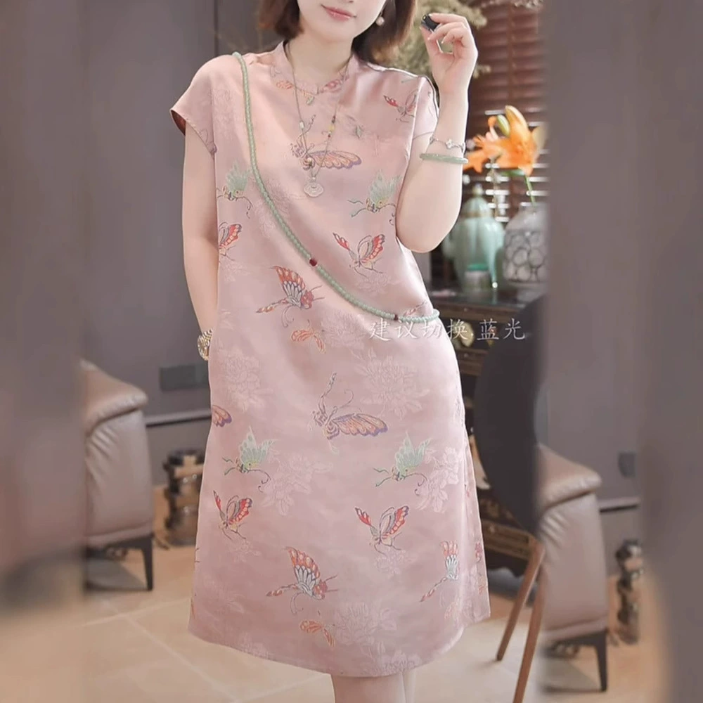 Новое жаккардовое платье для миниатюрных мам в китайском стиле с воротником-стойкой, новое летнее женское платье в национальном стиле для похудения в стиле Z.