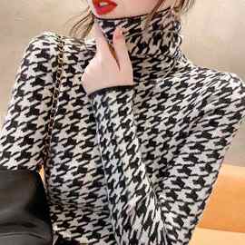 高领打底衫女秋冬洋气时尚年新款爆款修身加厚千鸟格毛衣内搭