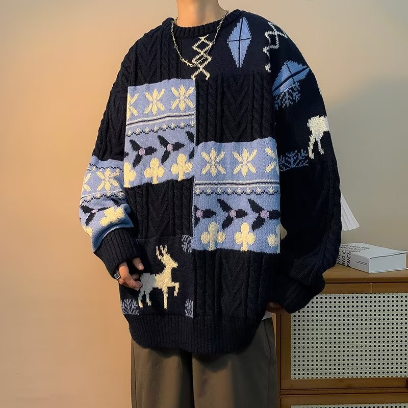 Stitching Sweater Men's Winter Thickened Trendy Brand Couple's Christmas Retro Autumn and Winter Men's Sweater Warm plus size Trendy