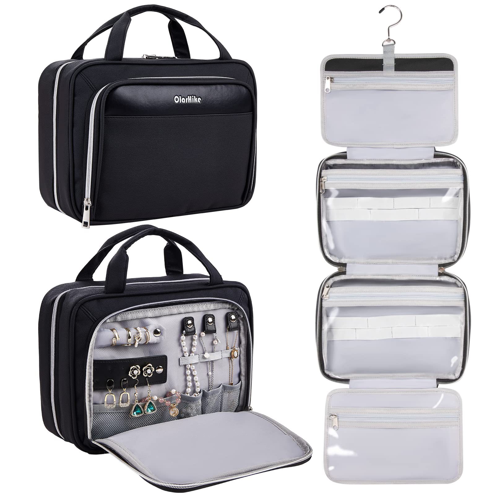 Kulturbeutel, wasserdichter Reise-Kulturbeutel für Make-up und Schmuck, Leder-Umhängetasche mit Schmuckfach, Reise-Make-up-Tasche_voghion.com