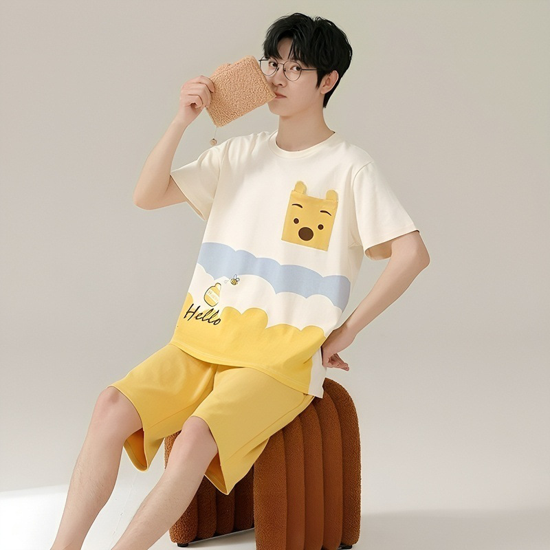 Summer Men's Pajama Short-Sleeve Teen Men's Summer Thin Plus Size Student Homewear Set Can Be Worn Outerwear