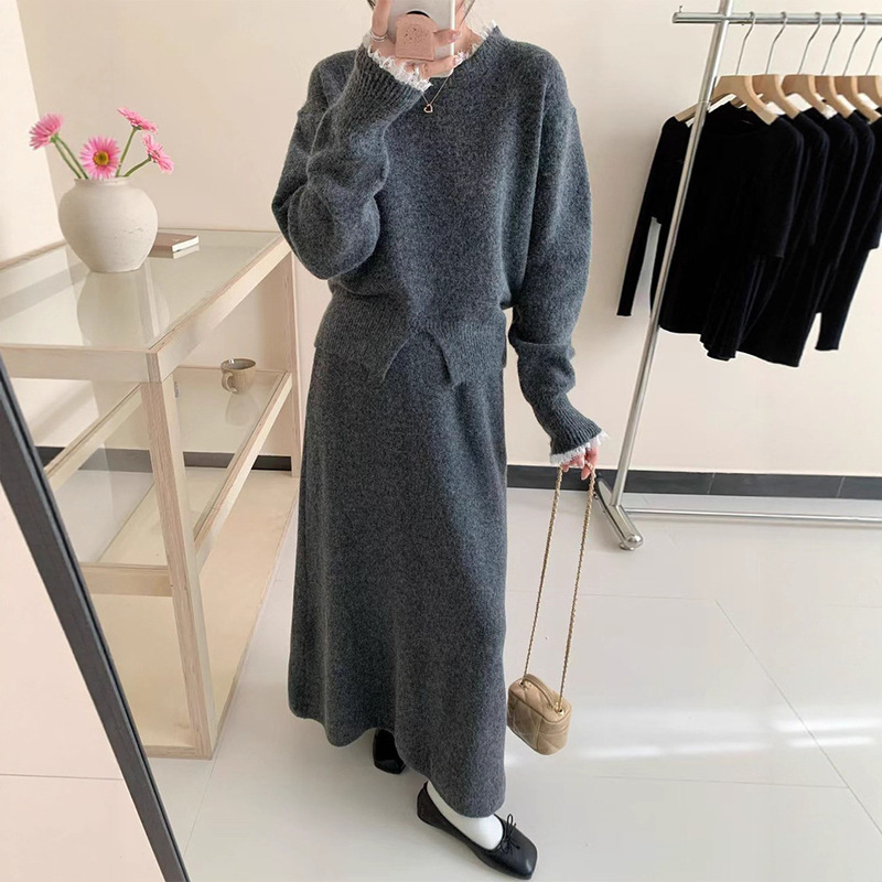 2025秋冬新款复古高级感软糯开叉花边长袖毛衣女+高腰针织半身裙|undefined