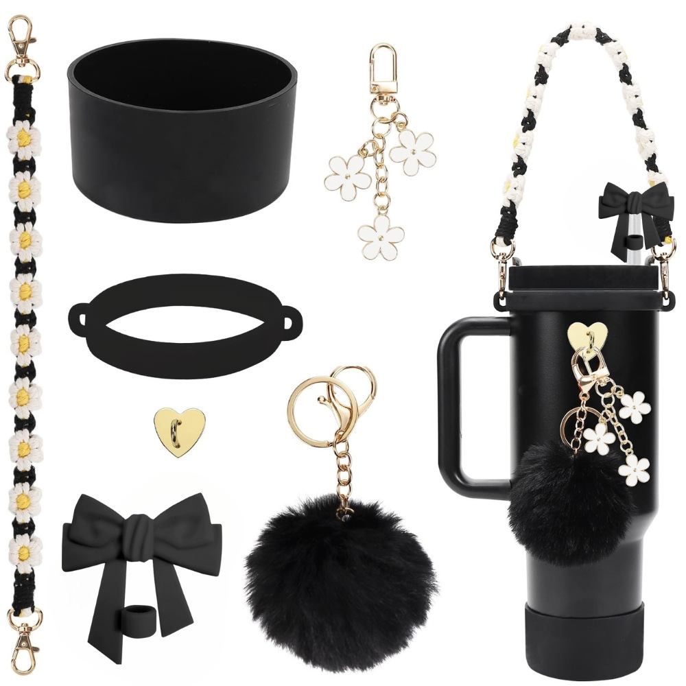 Accesorios de taza Stanley colgante de cuerda de mano flor de silicona gorra de paja de peluche colgante de taza cadena de taza de color cubierta de taza