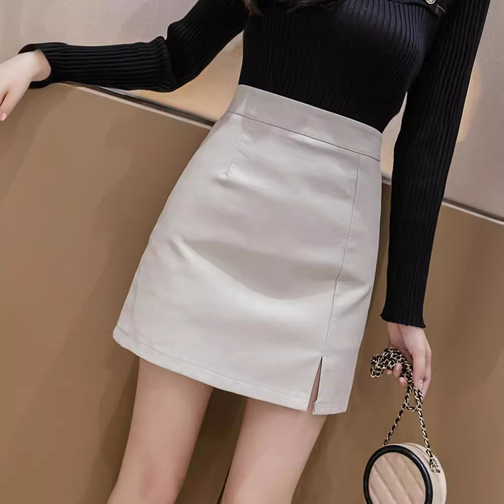 Small leather skirt women's autumn and winter New Fashion black split PU leather skirt high waist slimming a-Line hip skirt